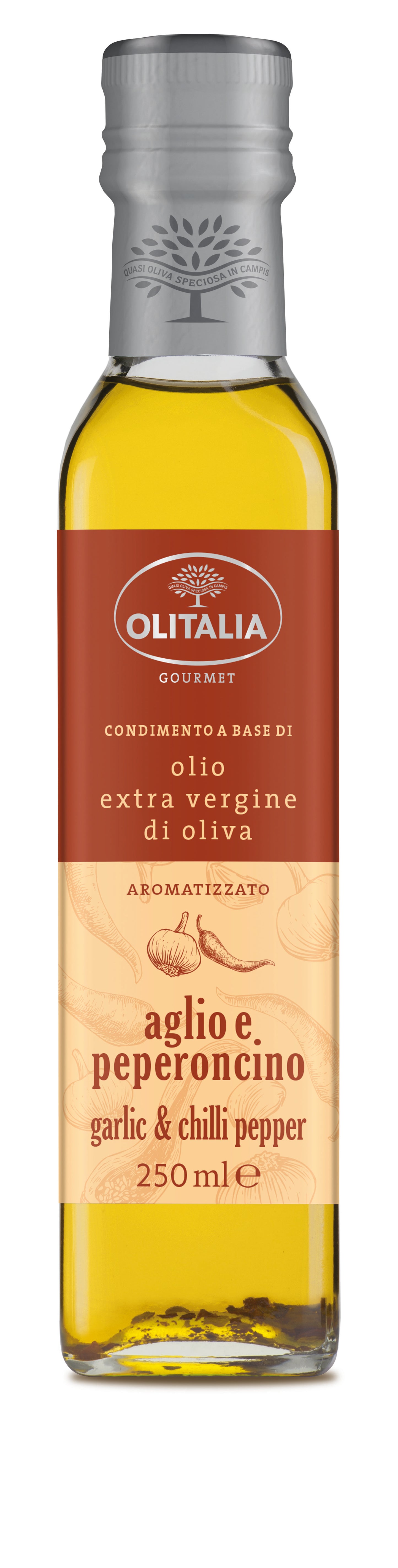 Alyvuogių aliejus OLITALIA, Extra Virgin, su česnakais ir aitriosiomis paprikomis, 250 ml