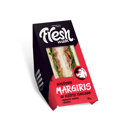 Trikampis sumuštinis MARGIRIS, su plėšyta kiauliena, marinuotais agurkais, špinatais, 165g