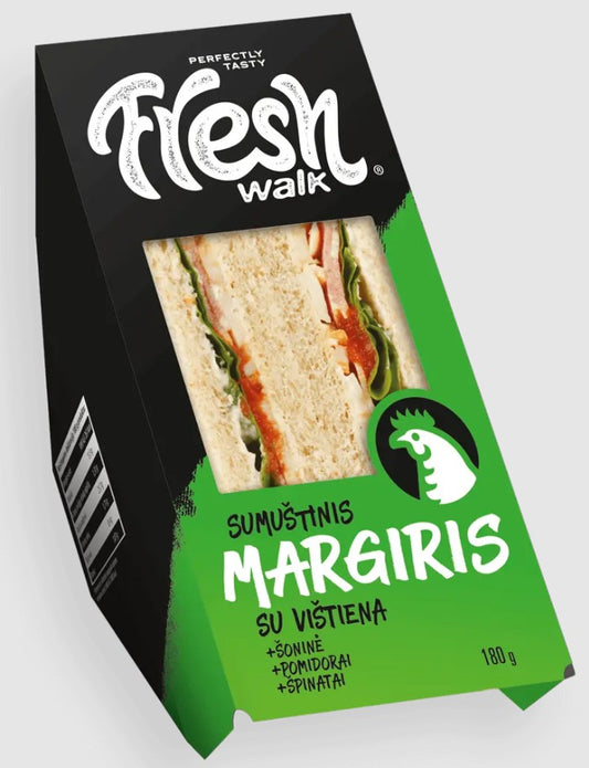 Trikampis sumuštinis MARGIRIS, su vištiena, šonine ir pomidorais, 180g