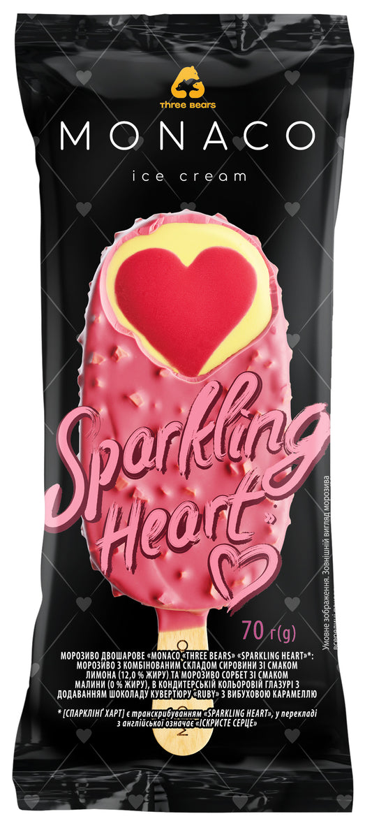 Valgomieji ledai MONACO Sparkling Heart, citrinų ir aviečių glaistu, 70 g