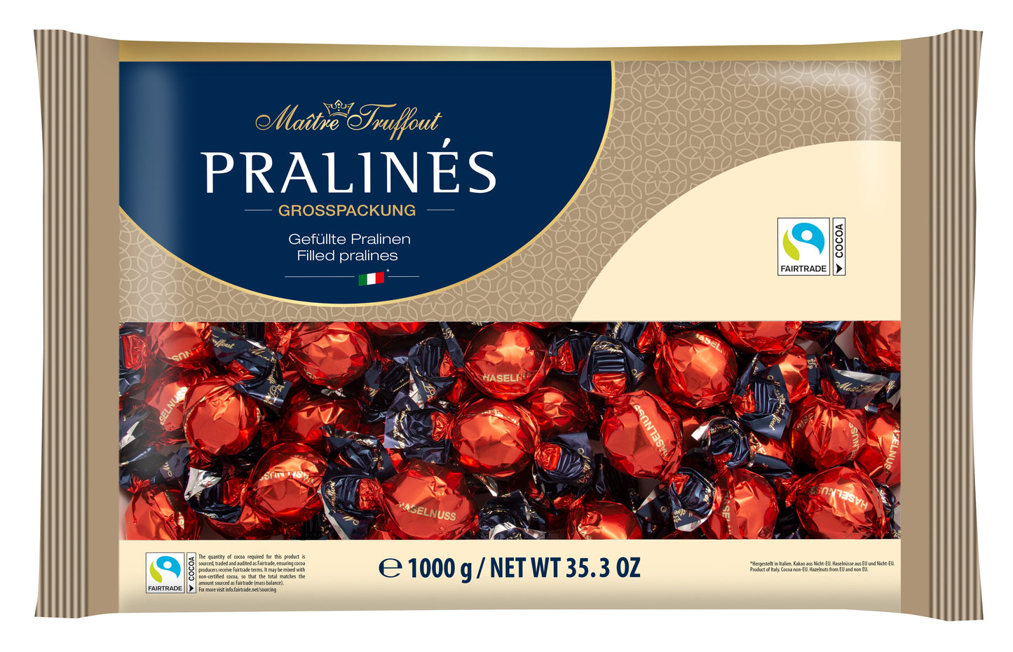 Šokoladiniai saldainiai PRALINES, red/gold, su lazdyno riešutų kremu, 1 kg