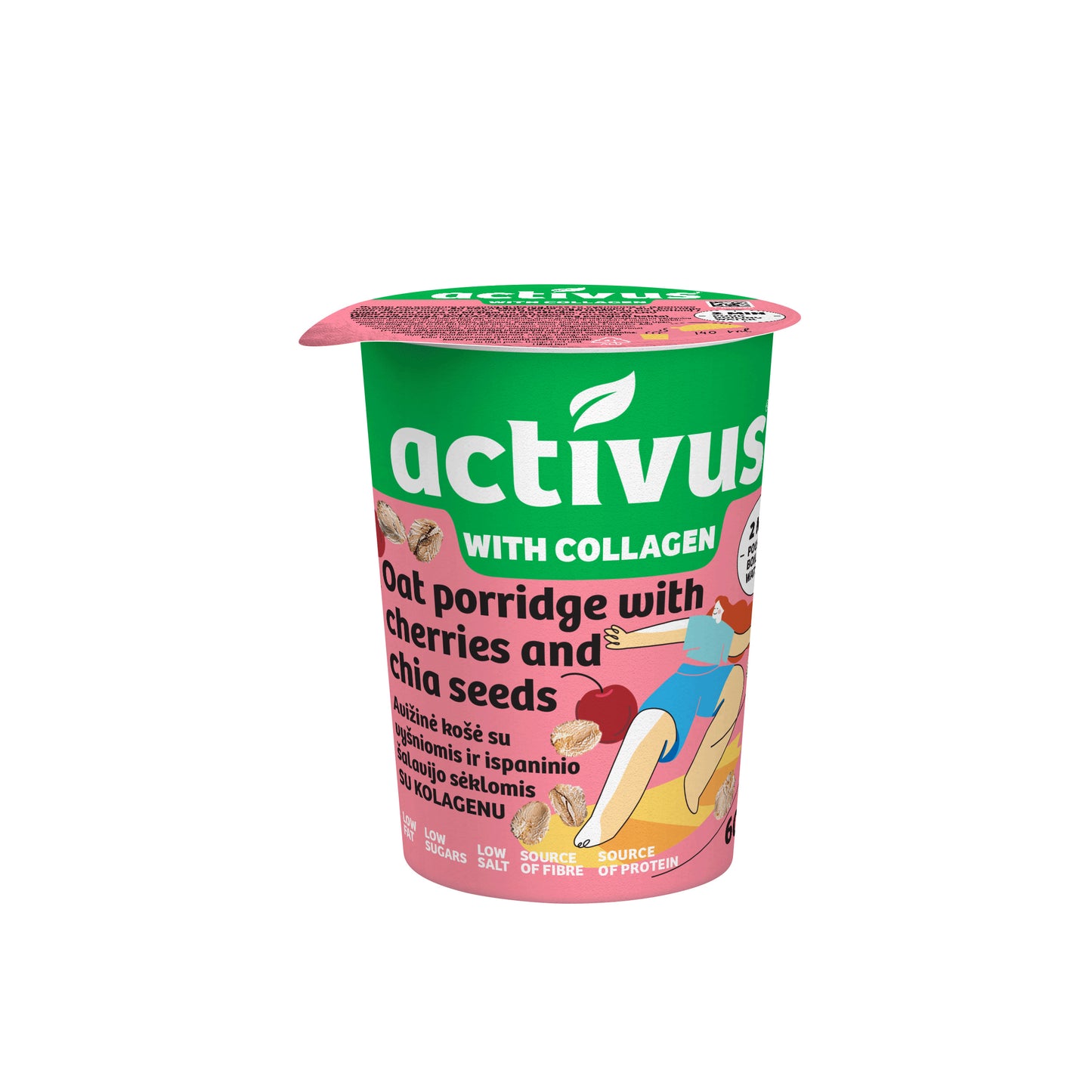 Greitai paruošiama avižinė košė ACTIVUS, su vyšniomis ir ispaninio šalavijo sėklomis, 60g
