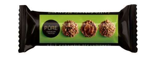 PURE milk chocolate truffles with salted caramel cream filling and pecans, 38 g