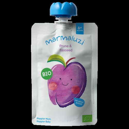 Tyrelė MARMALUZI, ekologiška su džiovintomis slyvomis ir linų sėmenimis nuo 6 mėnesių, 90 g EKO-001