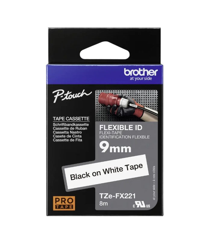 Tape BROTHER TZE-FX221, 9mm. x 8m., white on black background