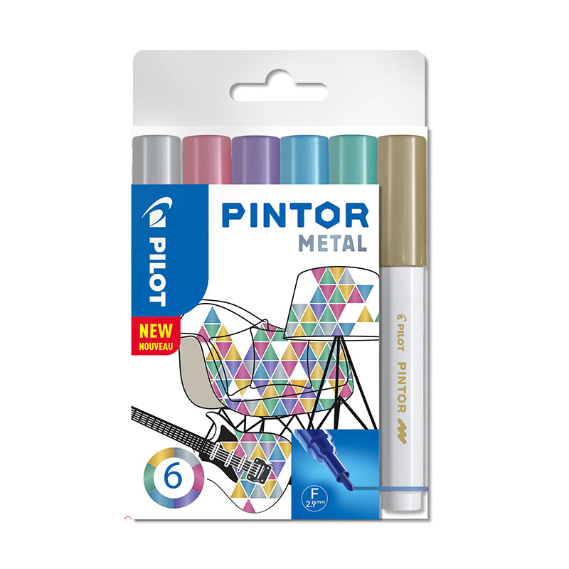 Permanent marker PILOT PINTOR METALLIC 1.0mm, round tip, 6 colours set