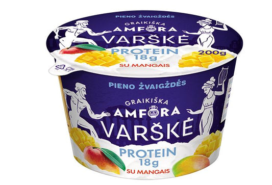 Varškė GRAIKIŠKA AMFORA Protein, 0,8%, su mangais, be laktozės, 200 g