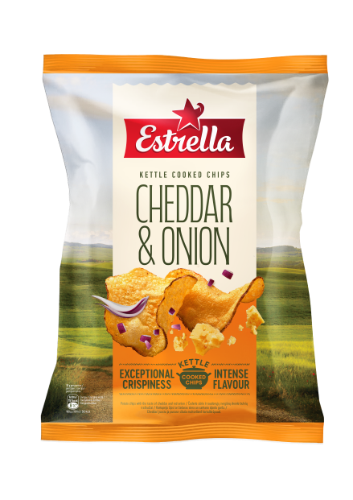 Potato chips ESTRELLA KETTLE cheddar and red onion flavor, 120g
