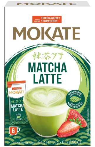 Green tea drink MOKATE Matcha latte with strawberries, 6 x 14g
