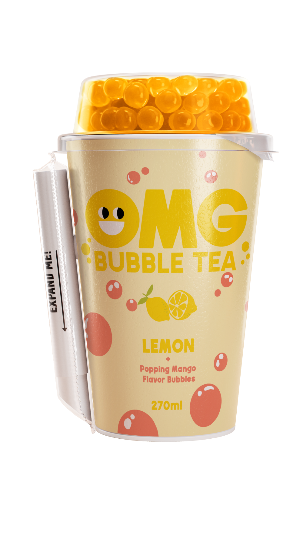 Tea drink OMG, lemon flavor with mango bubbles, 270 ml