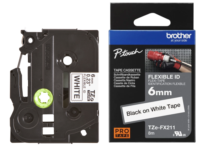 Tape BROTHER TZE-FX211, 6mm. x 8m, white on black background