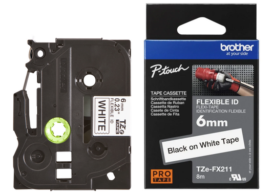 Tape BROTHER TZE-FX211, 6mm. x 8m, white on black background