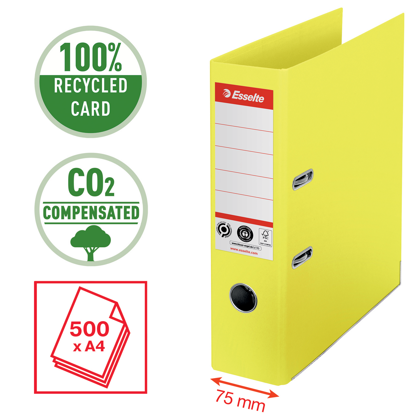 Binder ESSELTE No1 eco-friendly, A4, cardboard, 75 mm, yellow