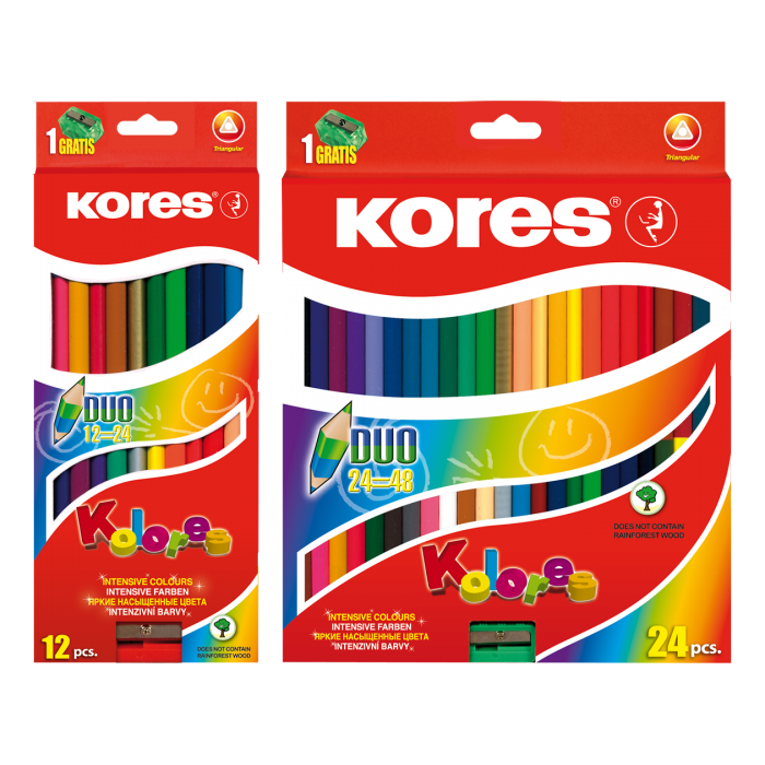 Tribriauniai dvigubi spalvoti pieštukai KORES KOLORES DUO, 12 vnt.