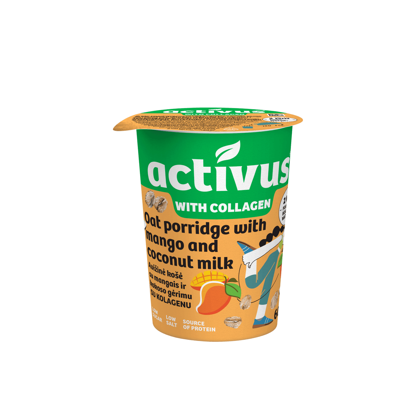 Greitai paruošiama avižinė košė ACTIVUS, su mangų ir kokoso gėrimu, indelyje, 60g.