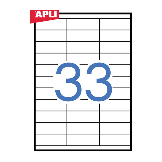 Lipnios etiketės APLI, 70 x 25,4 mm, A4, 33 lipdukai lape, 100 lapų, balta
