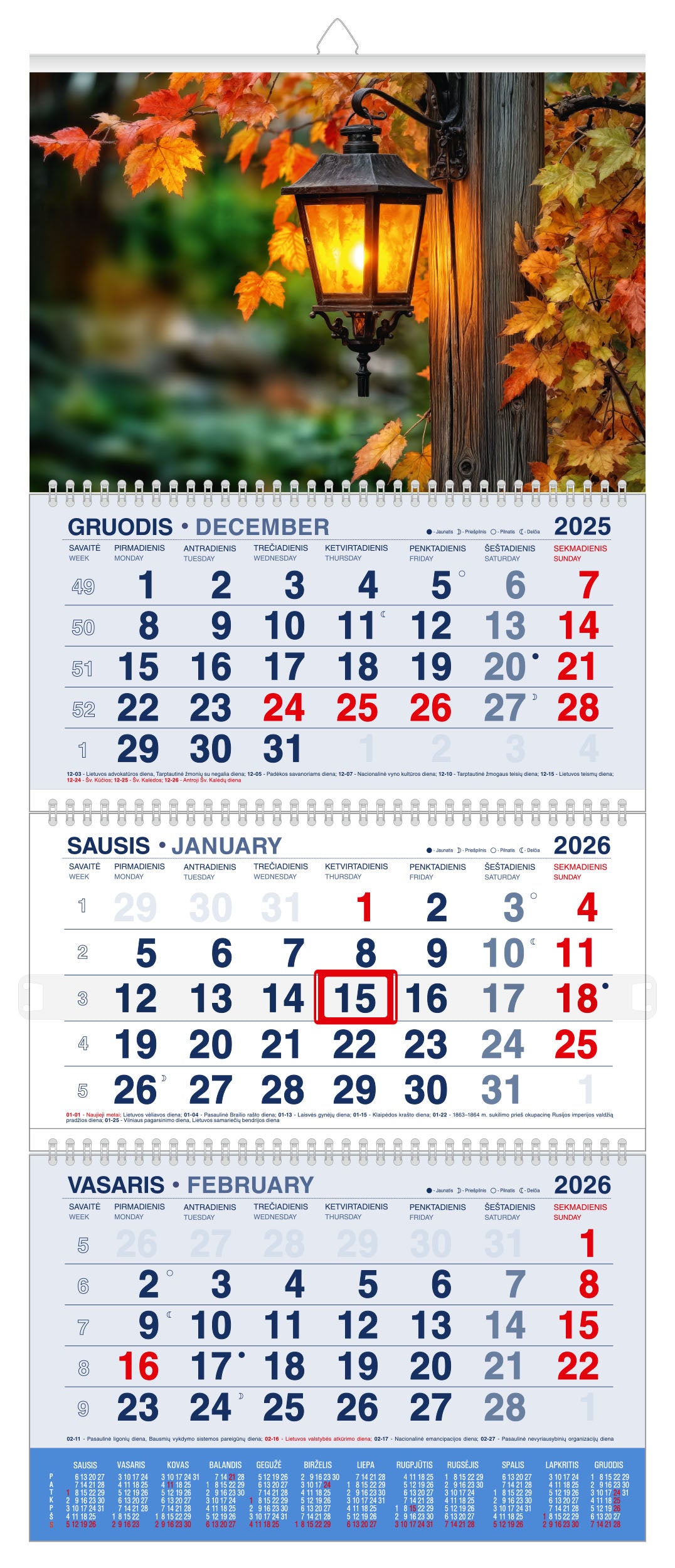 Pakabinamas kalendorius ŽIBINTAS, 2026, 3 dalys