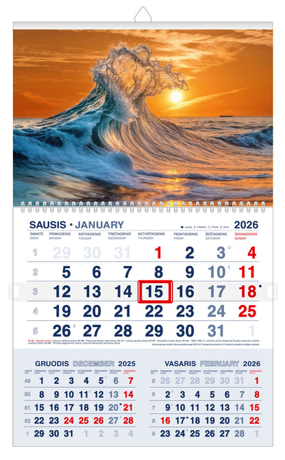 Hanging calendar SEA WAVE 2026, three in one