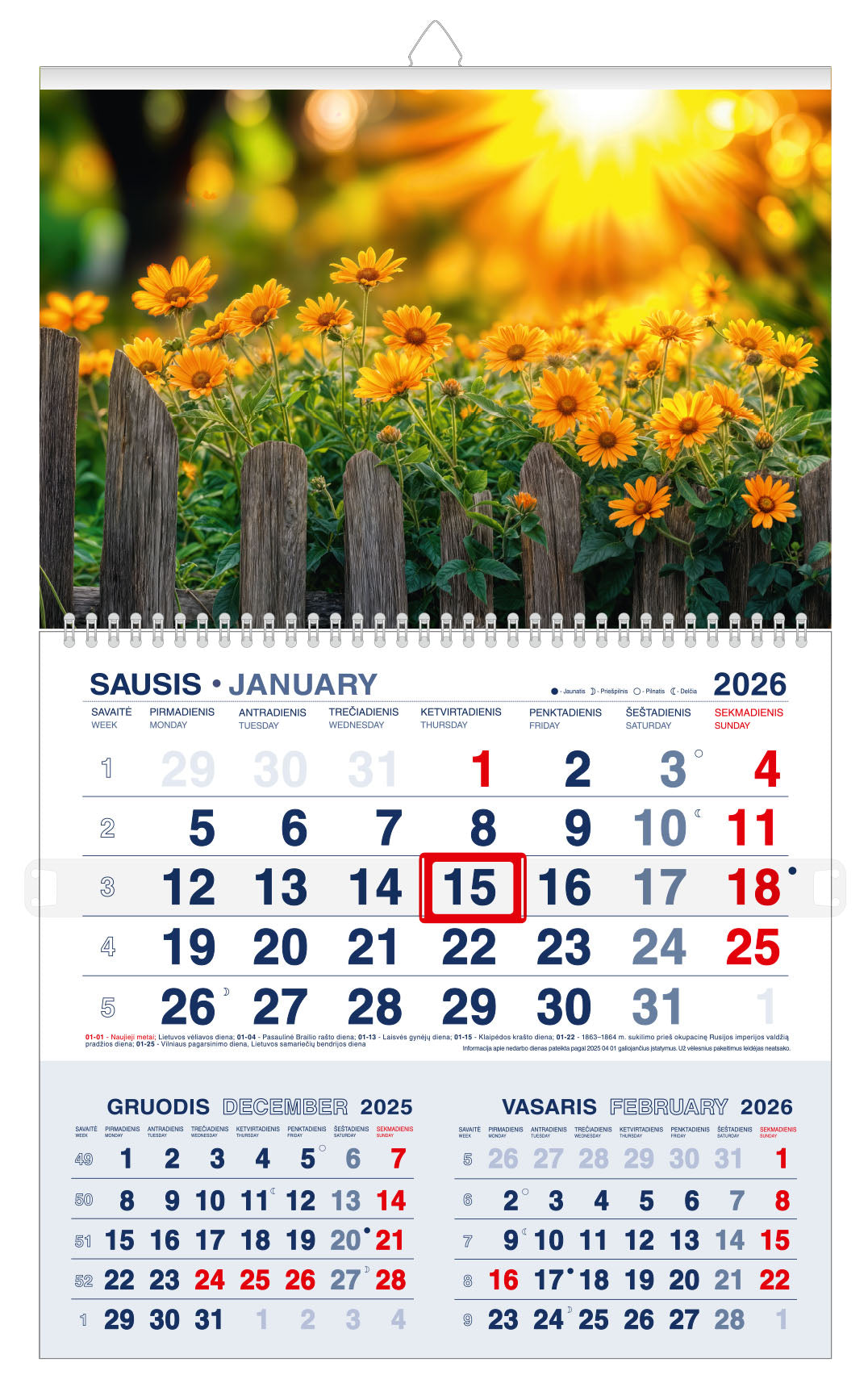Pakabinamas kalendorius SAULĖS PRISILIETIMAS 2026, trys viename