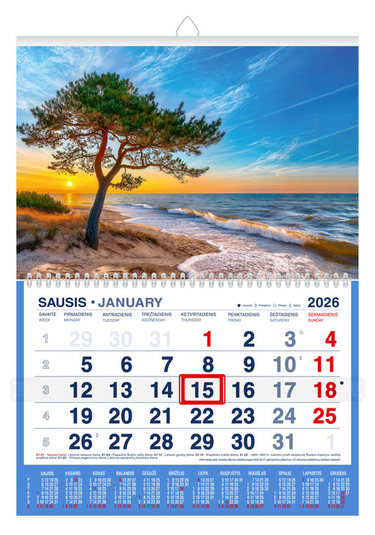 Pakabinamas kalendorius JŪROS KRANTAS 2026, 1 dalis
