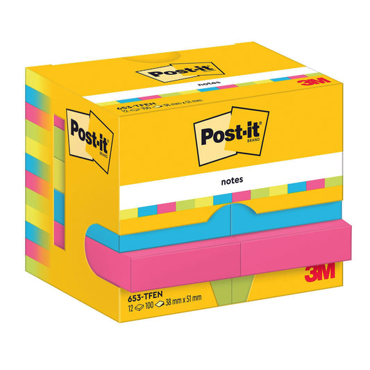 Lipnūs lapeliai Post-it Energetic colours, 38 x 51 mm, įvairūs ryškūs atspalviai, 12 vnt./pak.