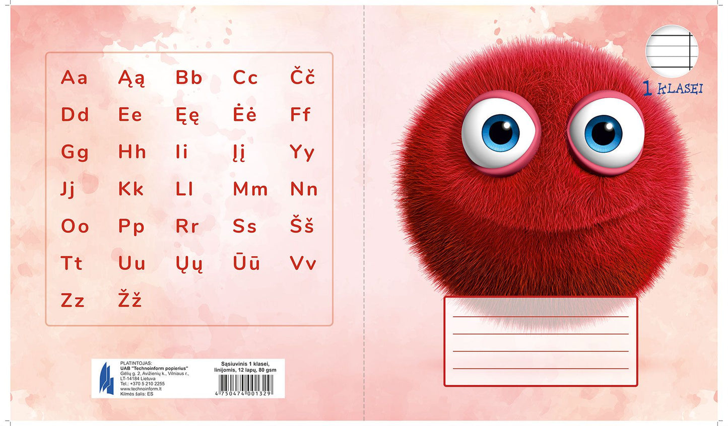 Sąsiuvinis TECHNOINFORM, 1 klasei, A5, 12 lapų, 80 gsm, linijomis