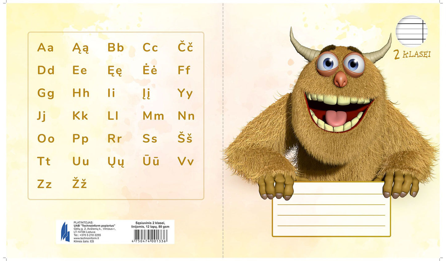 Sąsiuvinis TECHNOINFORM, 2 klasei, A5, 12 lapų, 80 gsm, linijomis