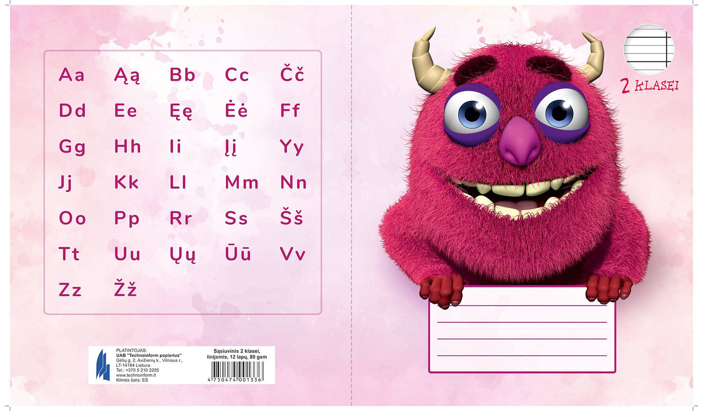 Sąsiuvinis TECHNOINFORM, 2 klasei, A5, 12 lapų, 80 gsm, linijomis