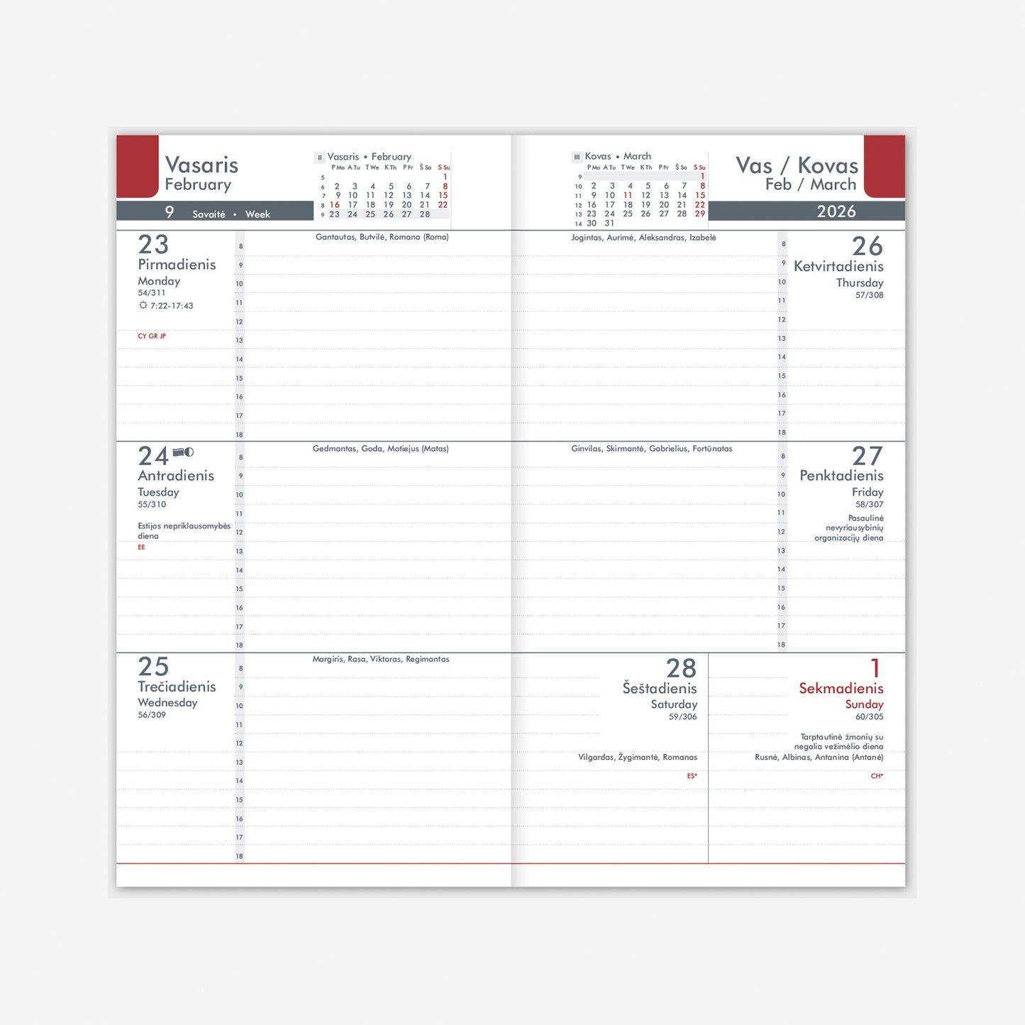 Kalendorius MIDI 2026, 90 x 167 mm, PU, tamsiai mėlyna