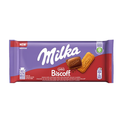 Milk chocolate MILKA Biscoff from Alpine milk with caramelized biscuit pieces, 90 g