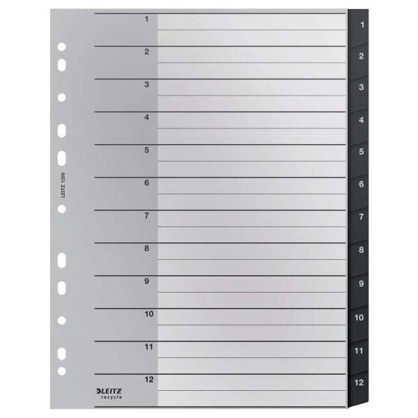Skiriamieji lapai Leitz Recycle, 1-12, A4 MAXI, PP, juodos salvos