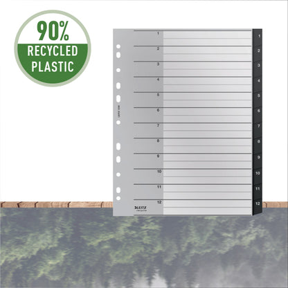 Skiriamieji lapai Leitz Recycle, 1-12, A4 MAXI, PP, juodos salvos