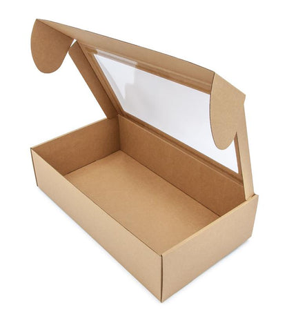 Brown elongated gift box with window, 340 x 195 x 85