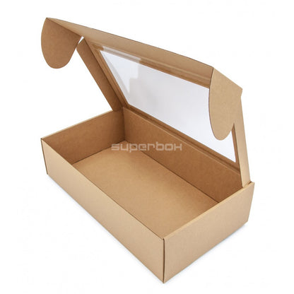 Brown elongated gift box with window, 340 x 195 x 85