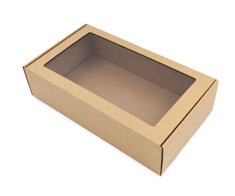 Brown elongated gift box with window, 340 x 195 x 85