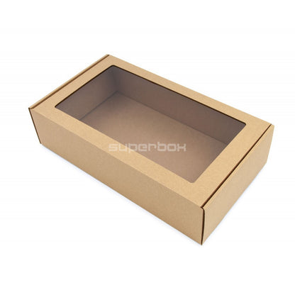 Brown elongated gift box with window, 340 x 195 x 85