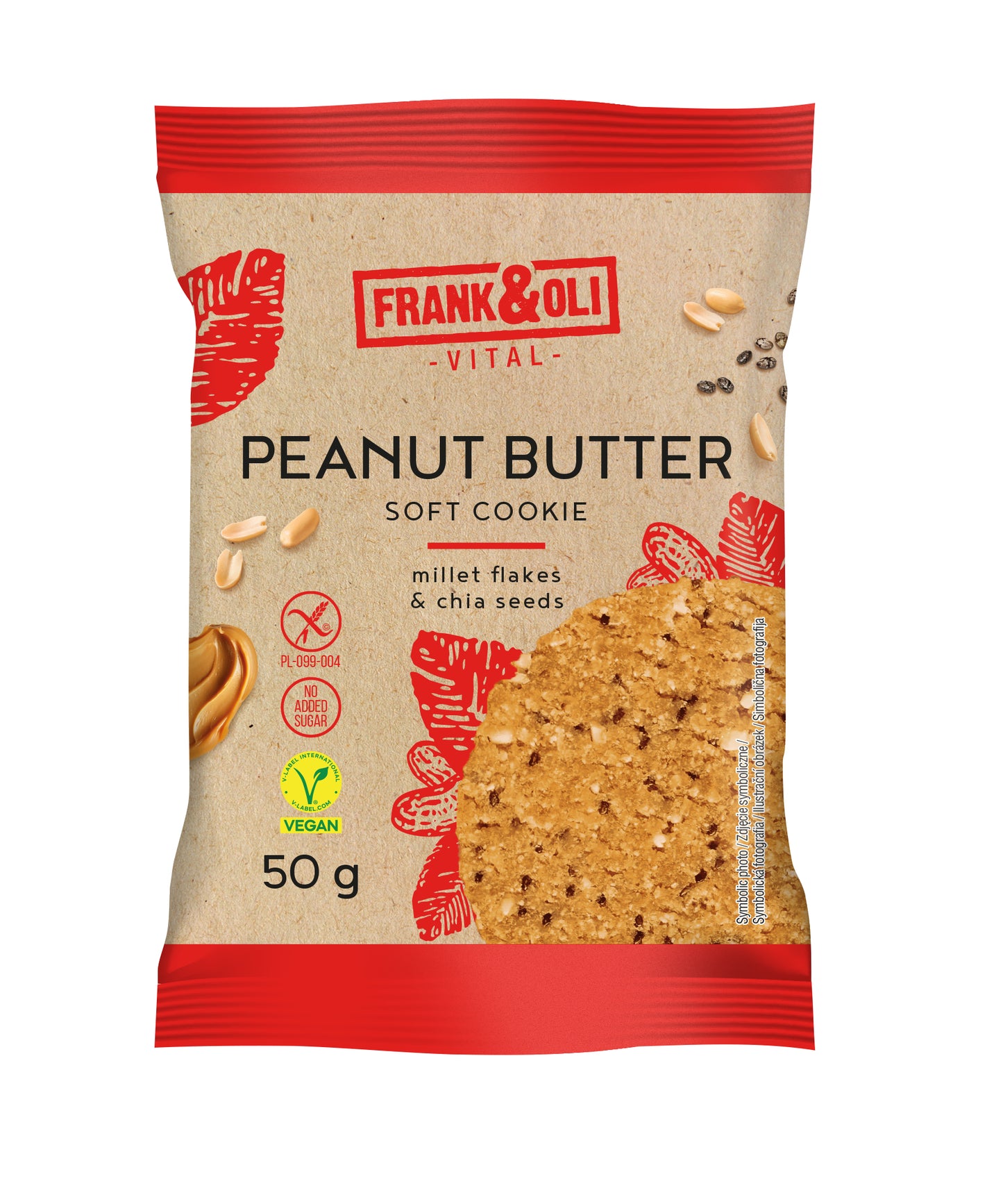 Veganiškas sorų sausainis FRANK&OLI, su žemės riešutų sviestų ir šalavijo(CHIA) sėklomis, 50g