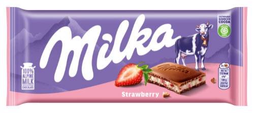 Pieninis šokoladas MILKA, iš Alpių pieno, su braškių skonio įdaru, 100 g
