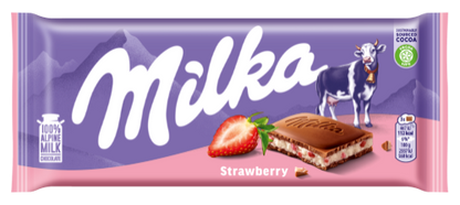 Pieninis šokoladas MILKA, iš Alpių pieno, su braškių skonio įdaru, 100 g