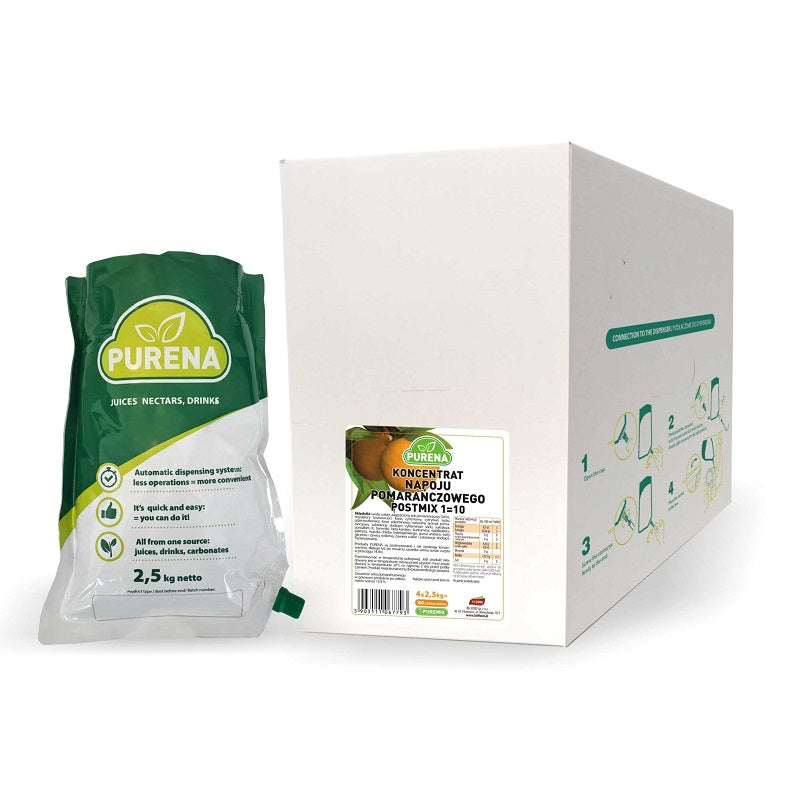 Orange juice drink concentrate with sweeteners PURENA, 100%, 4x2.5 kg