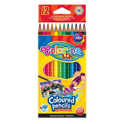Colored pencils COLORINO, hexagonal, watercolor, 12 pcs. + brush