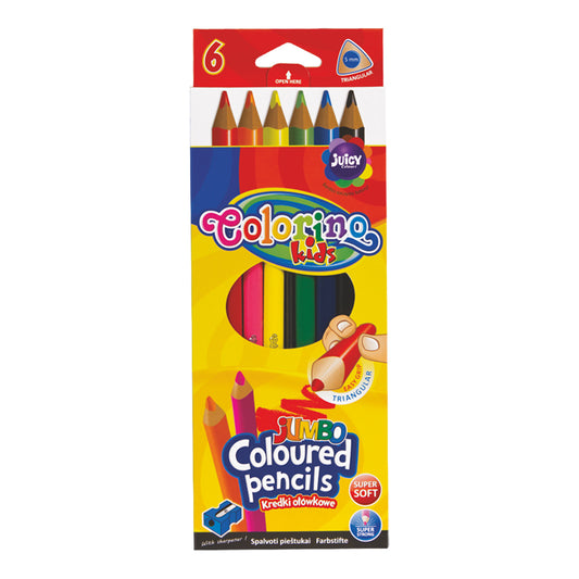 Colored pencils, tricolor COLORINO JUMBO pencils with sharpener, 6 pcs.
