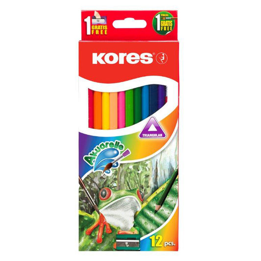 Colored pencils KORES, trihedral, watercolor, 12 pcs. + brush and sharpener