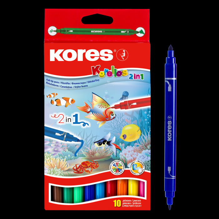 Flomasteriai dvipusiai KORES KORELLO 2 in 1, 10 vnt., dvipusiai