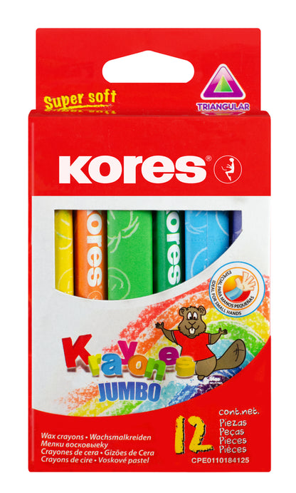 Vaškinės trikampės kreidelės KORES  JUMBO, 12 spalvų