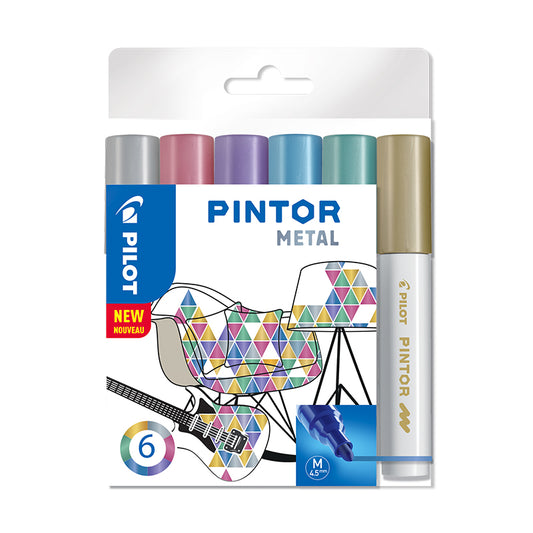 Permanent marker PILOT PINTOR METALLIC 1.4mm, round tip, 6 colours set