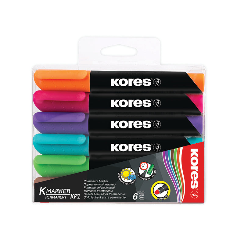 Permanent marker KORES XP2, round tip, 6-color set