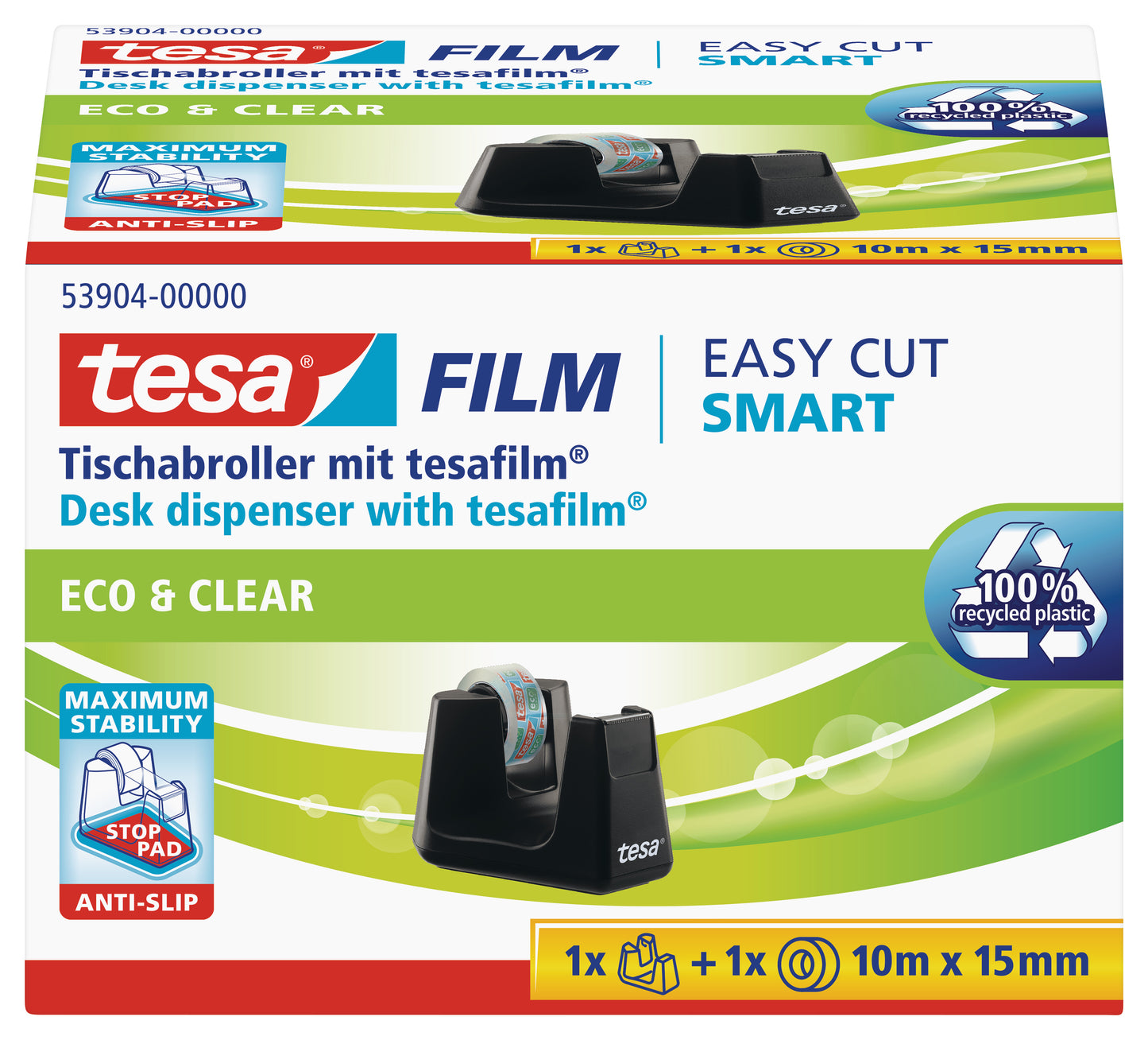 Desktop adhesive tape tray TESA Easy Cut Smart with Tesafilm eco-friendly and transparent tape, 15mm x 10m