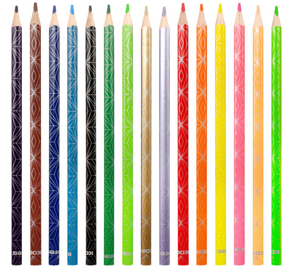 Spalvoti pieštukai KORES KOLORES STYLE, tribriauniai, 3mm, 15 spalvų (2 metalizuotos spalvos ir 1 neoninė)