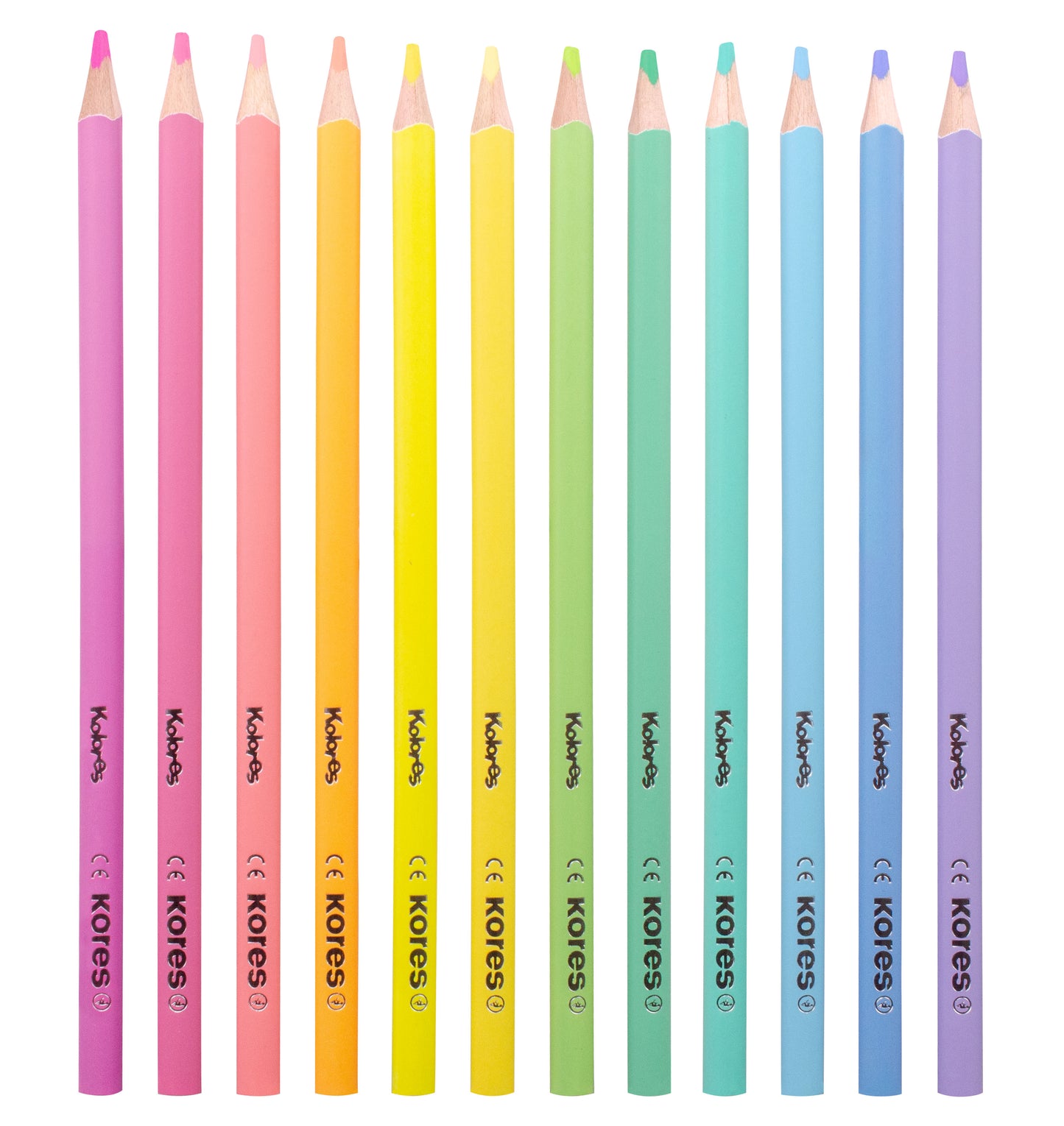 Spalvoti pieštukai KORES KOLORES PASTEL, tribriauniai, 3mm, 12 pastelinių spalvų